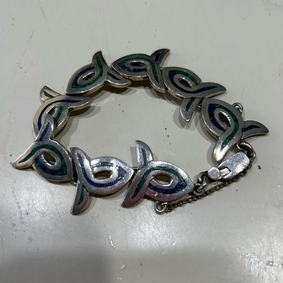 Taxco Mexico inlaid Malachite and Lapis Sterling Silver Bracelet. - Picture 4 of 9